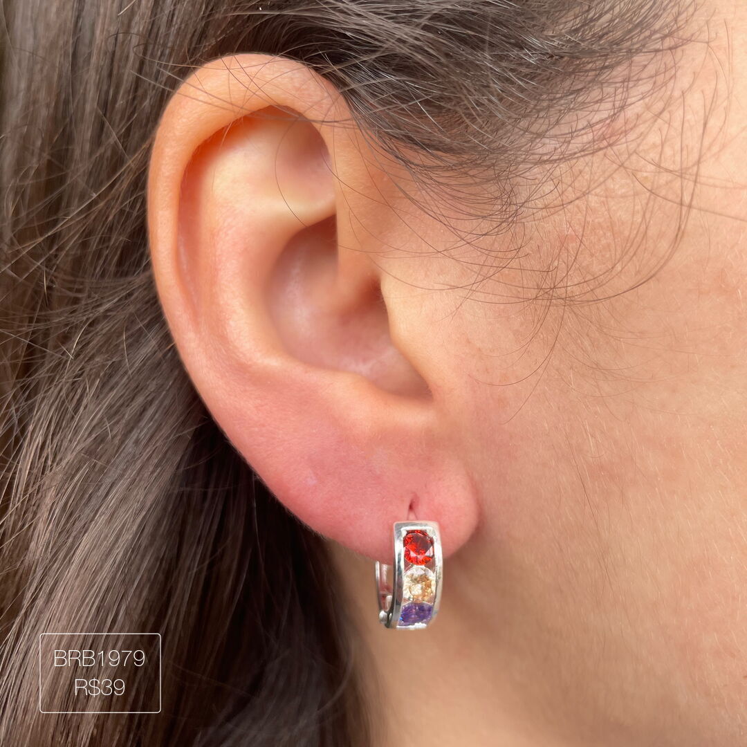 Brinco Argola c/ 3 Zircônias Grandes Rainbow Prateado